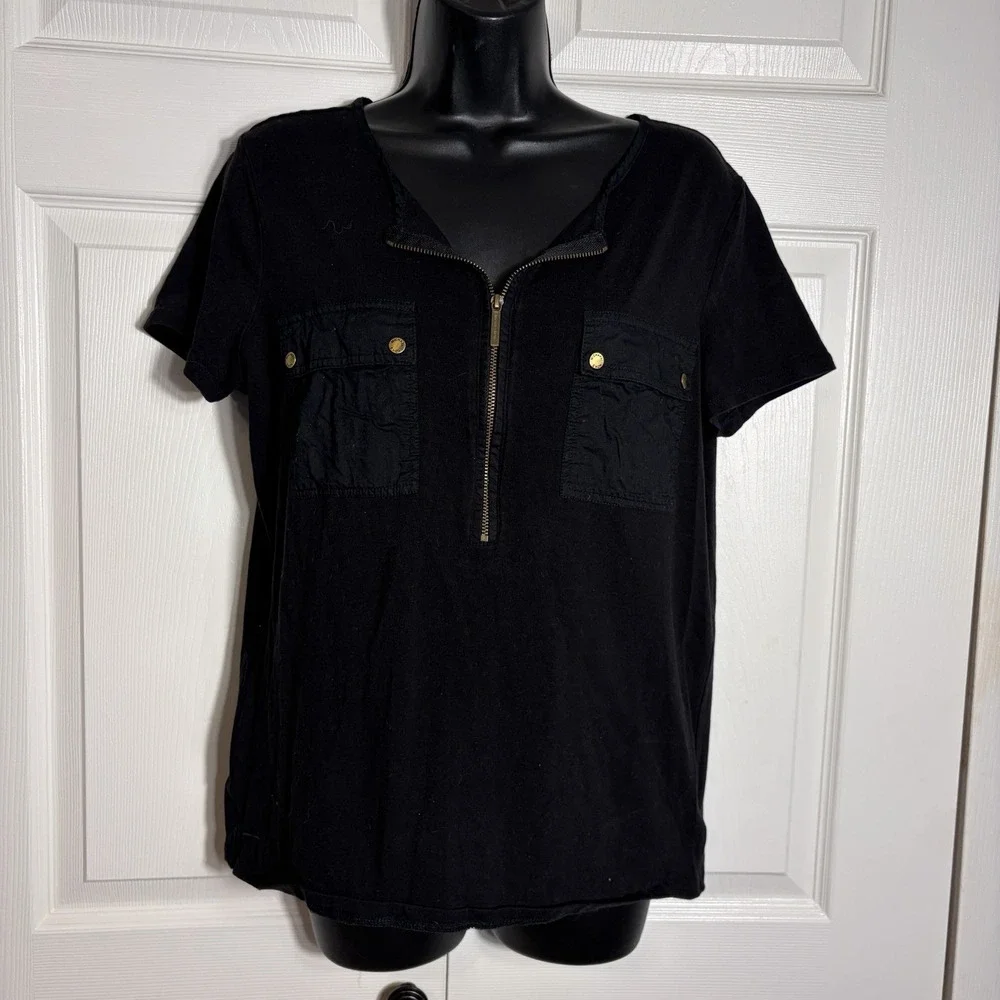 Michael Kors Shirt Women L Black Utility Short Sleeve Gold Zipper Flap Pockets
